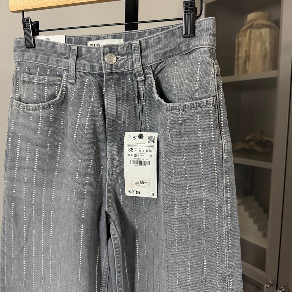 Zara Boy Boy Fit w Embellishment Striped Relaxed Straight Jeans 4 NEW Grey Denim - Picture 3 of 7